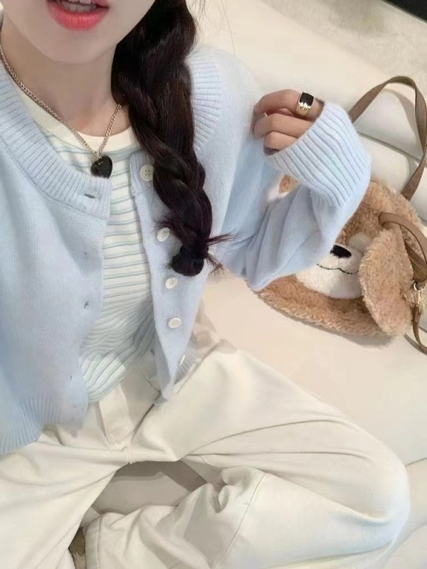 New college style slim, soft and versatile blue sweater cardigan + striped short sleeves + trousers 3-piece set