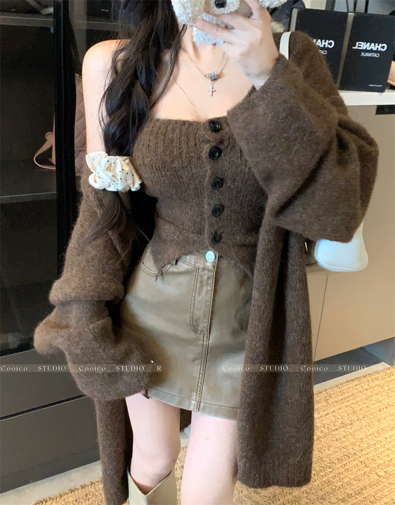 Actual shot 2024 new knit coat top + pure desire style solid color strapless bralette two-piece set for women