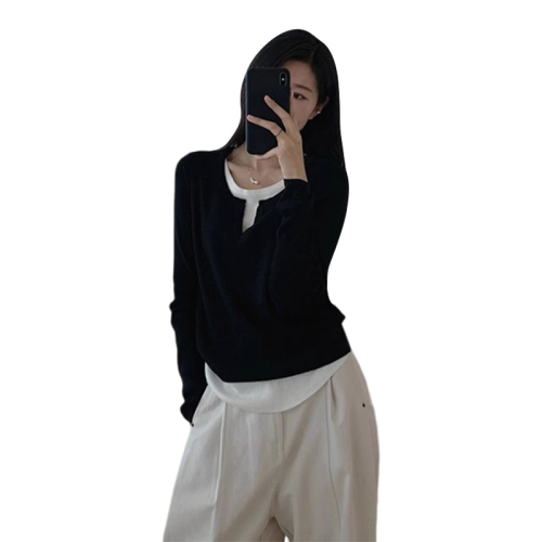 Women's Basic Top 2024 Spring Outfit Design-Focused Korean Style Irregular Hem Fake Two-Piece V-Neck Knit Shirt