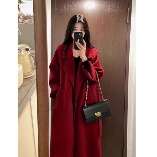 Red woolen coat for women in autumn and winter Korean Hepburn style high-end woolen coat