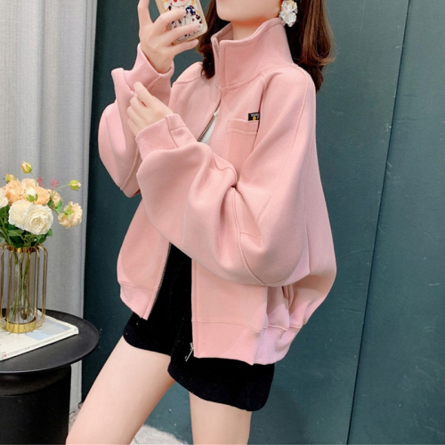 Official picture 6535 cotton 2024 autumn short design solid color stand collar long sleeve thin sweatshirt for women