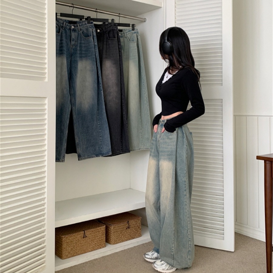 Autumn and Winter High Waist Buttoned Pleated Cotton Straight Leg Jeans Casual Pants 