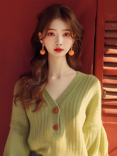 2024 new autumn sweater, high-end, super good-looking, soft and lazy, Korean age-reducing green knitted long-sleeved top