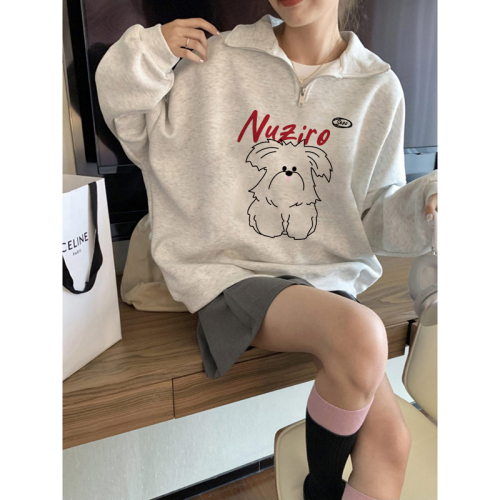 CVC cotton pasta wool Chinese cotton composite/milk silk 300g silver fox velvet 400g front printed lapel sweatshirt for women