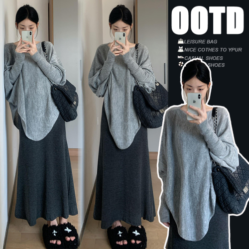 Autumn new top soft waxy bat sleeve sweater irregular one shoulder retro lazy style knitted sweater