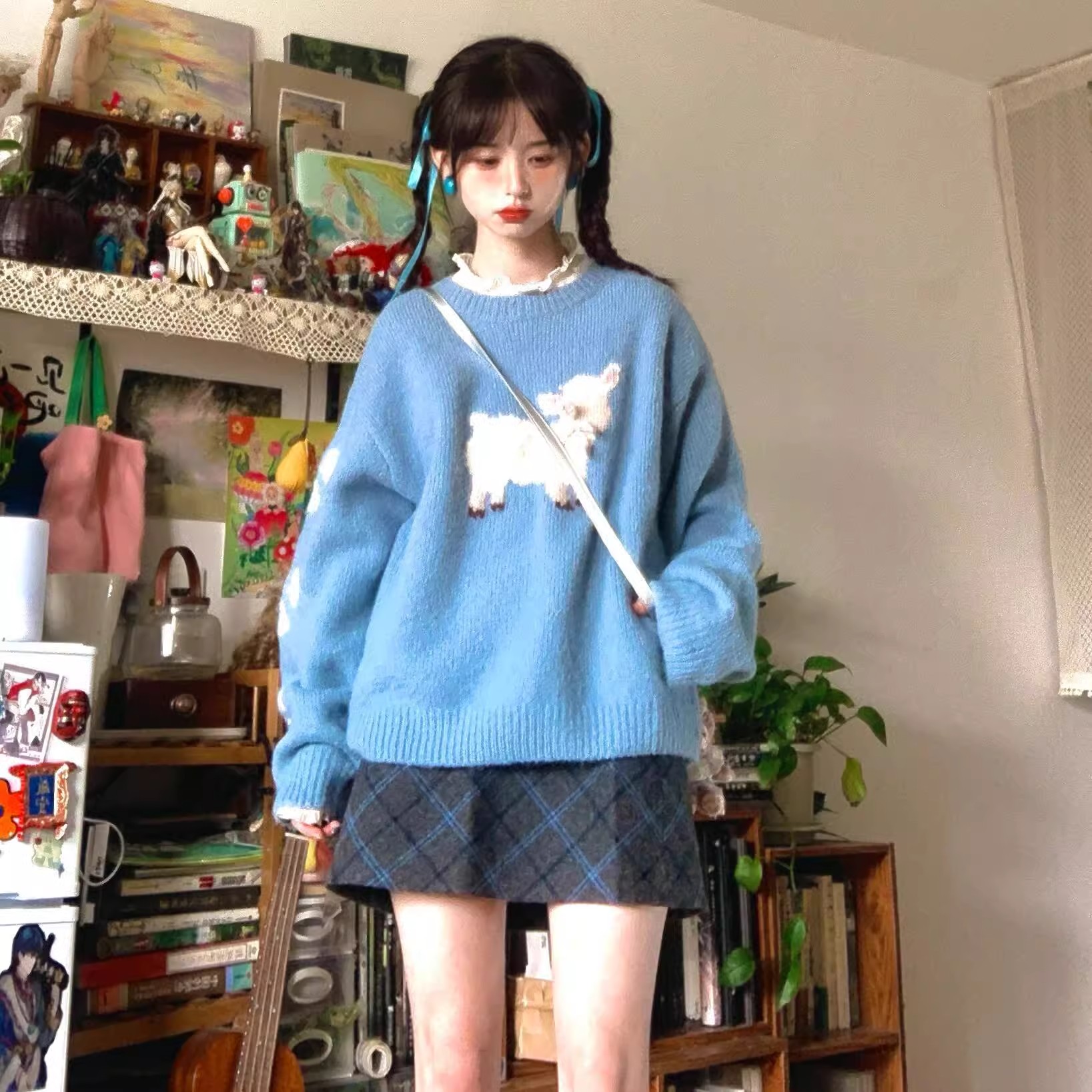 Soft and fluffy blue round neck short sweater with 3D bow for girls, loose winter lazy style sweater 