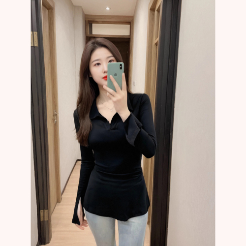 210g pure cotton plus size hot girl right shoulder long sleeve T-shirt autumn temperament slim slimming bottoming top