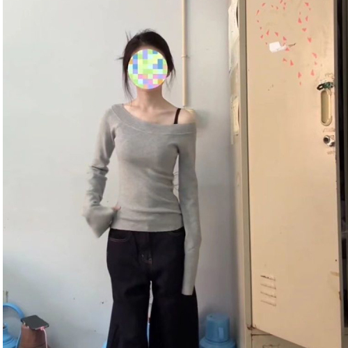 新款斜肩女辣妹修身显瘦露肩长袖上衣打底衫