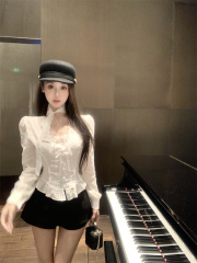 Actual shot Korean style daughter fashionable design slim lace top for women autumn versatile Korean style sexy top