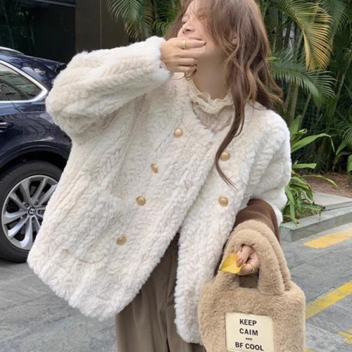 Lamb wool coat women's winter small fragrant style loose thickened plush white fur top cotton coat