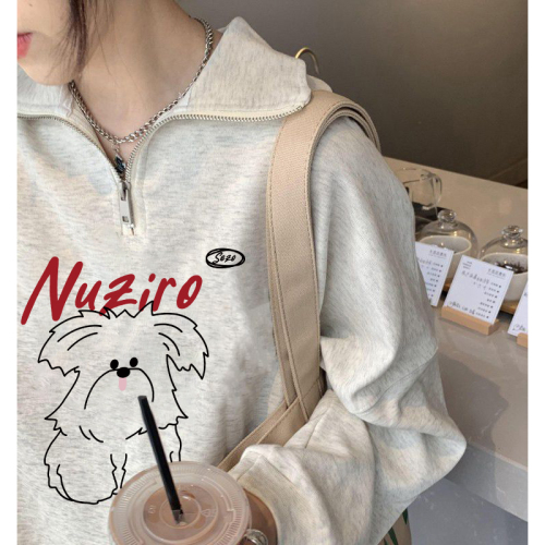 CVC cotton pasta wool Chinese cotton composite/milk silk 300g silver fox velvet 400g front printed lapel sweatshirt for women