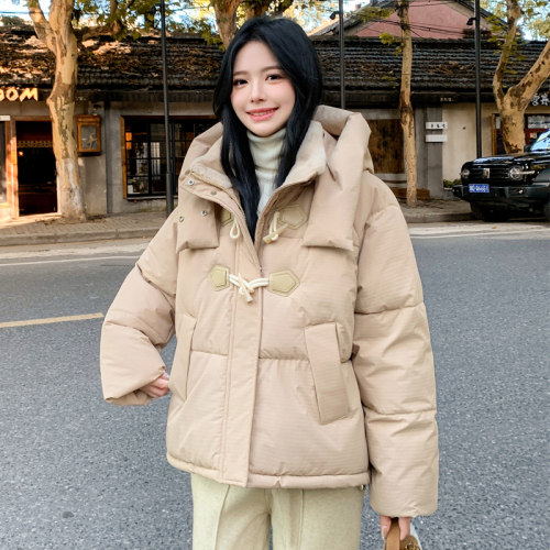 Real shot of horn button bread coat for women 2024 winter thickened down cotton coat, short loose version cotton jacket and cotton coat