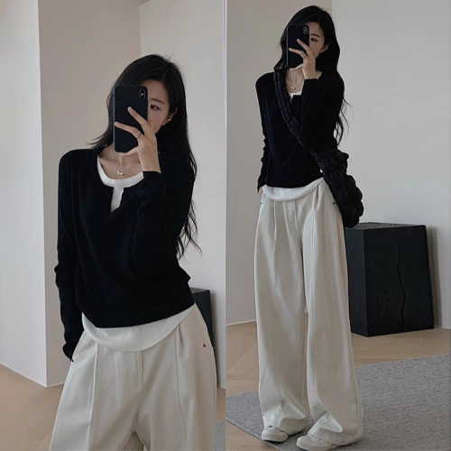 Women's Basic Top 2024 Spring Outfit Design-Focused Korean Style Irregular Hem Fake Two-Piece V-Neck Knit Shirt