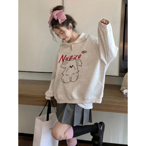 CVC cotton pasta wool Chinese cotton composite/milk silk 300g silver fox velvet 400g front printed lapel sweatshirt for women