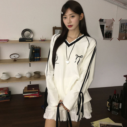 Shimaohua cotton composite milk silk V-neck long-sleeved T-shirt for women in autumn loose bow print design top