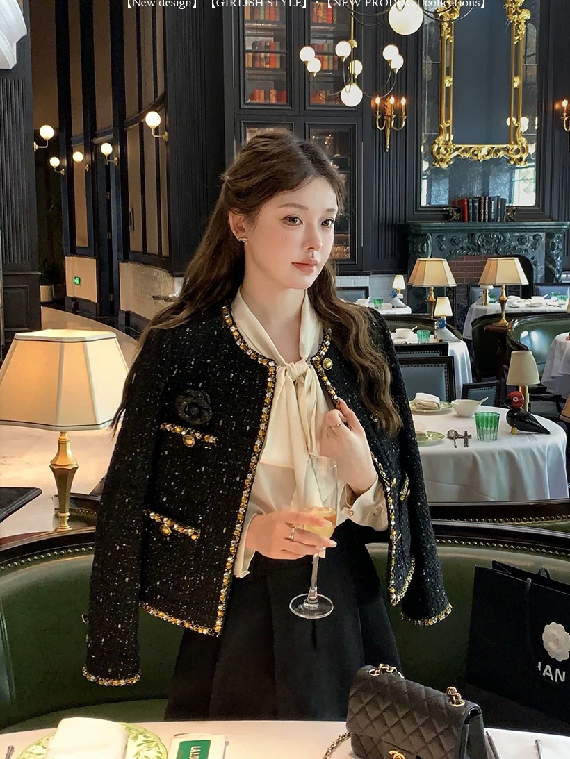 Yang Xiaojuan Heavy Industry Black Gold Small Fragrance Style Jacket Female Daughter of Gold Lady Suit Short High-end Top/Vest Skirt