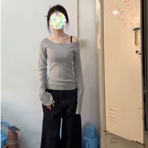 新款斜肩女辣妹修身显瘦露肩长袖上衣打底衫