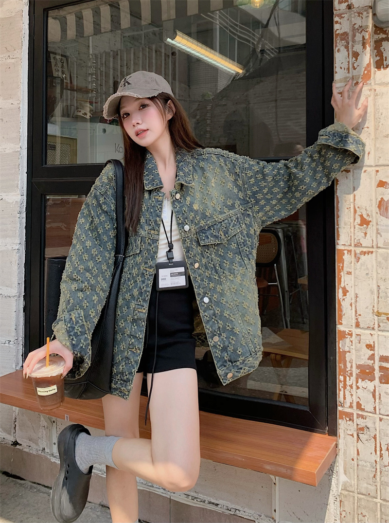 Photographed~ 2024 New Full Print Floral Denim Jacket for Women Sweet Cool Spice Girl Style Retro Slouchy Jacket