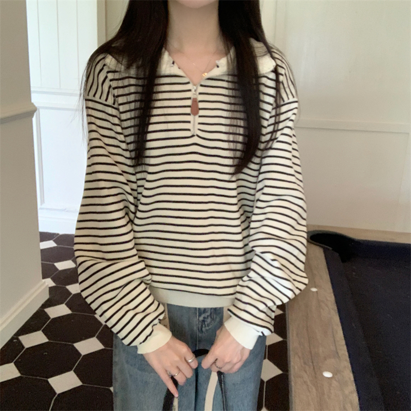 實拍 真 秋冬新款polo領條紋長袖上衣套頭針織衫女
