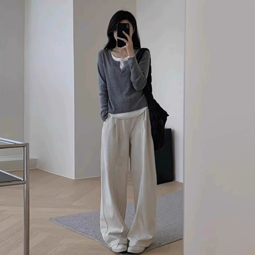 Women's Basic Top 2024 Spring Outfit Design-Focused Korean Style Irregular Hem Fake Two-Piece V-Neck Knit Shirt