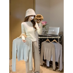 實拍 秋冬韓版半高領純欲透視坑條溫柔6羊毛針織長袖打底上衣