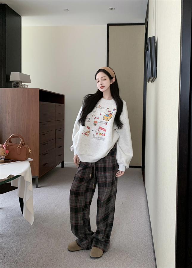 Photographed Cartoon Print Sweatshirt Loose Round Neck Top Napped Wide Leg Checkered Casual Pants