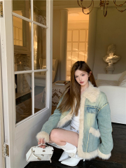 Real shot!  American plush splicing denim raw edge jacket for women autumn and winter quilted thickened woolen jacket