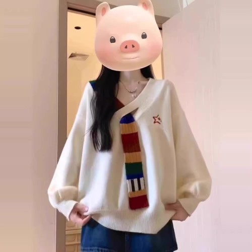 American retro rainbow splicing v-neck sweater jacket autumn loose lazy college style high-end women's sweater
