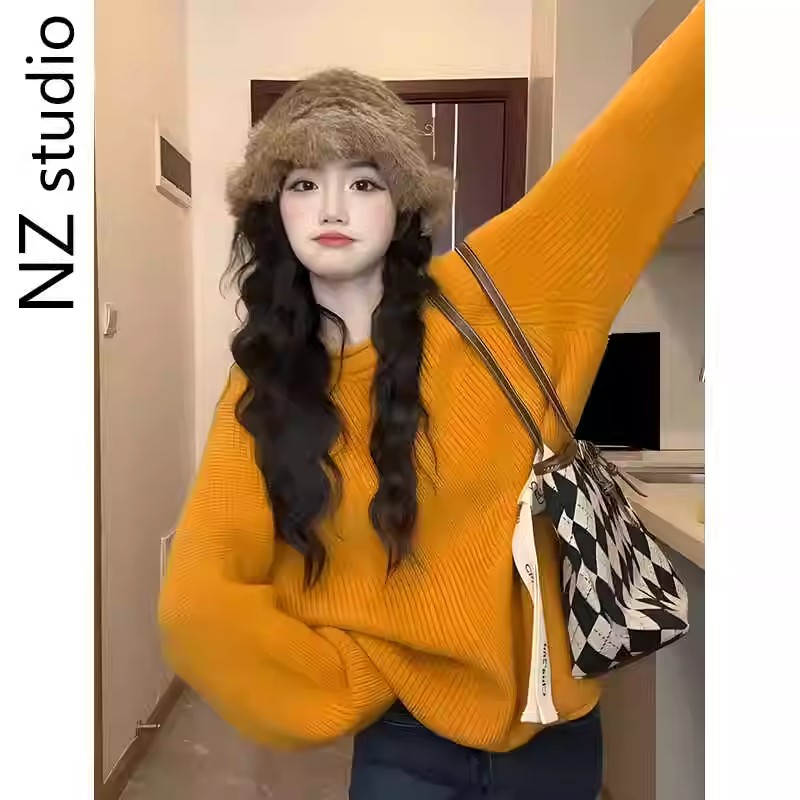 Korean style lazy pumpkin orange knit sweater women's 2024 autumn new loose slimming versatile hooded top 