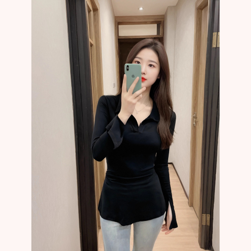 210g pure cotton plus size hot girl right shoulder long sleeve T-shirt autumn temperament slim slimming bottoming top