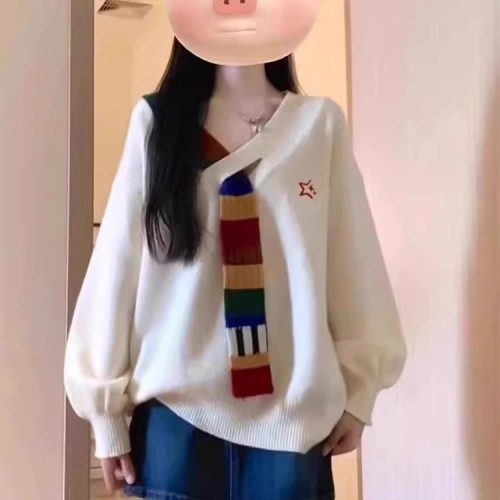 American retro rainbow splicing v-neck sweater jacket autumn loose lazy college style high-end women's sweater