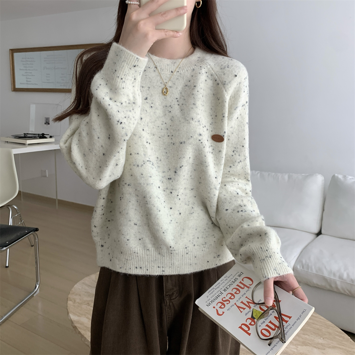 Real Shot Autumn Winter Korean Version Round Neck Loose Lazy Shoulder Piping Color Polar Fleece Pullover Knitted Sweater Top 