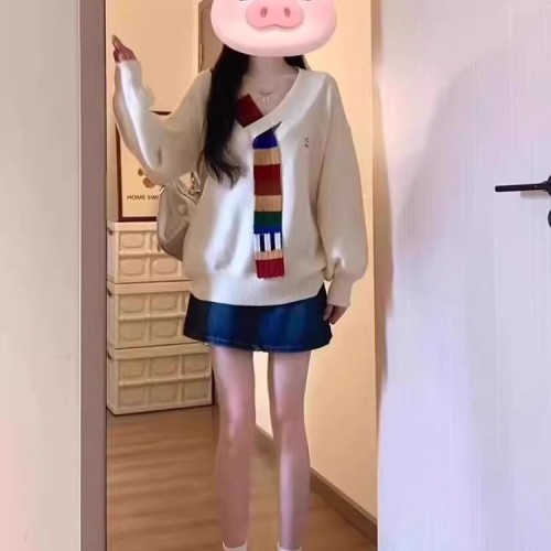 American retro rainbow splicing v-neck sweater jacket autumn loose lazy college style high-end women's sweater