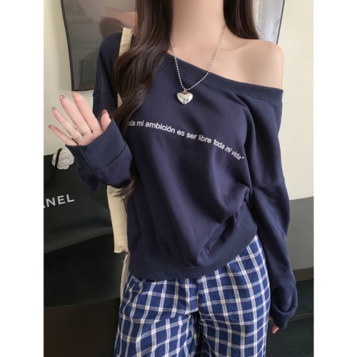 6067# Real shot Chinese cotton composite slant collar off-shoulder hooded sweatshirt for women with bateau collar print