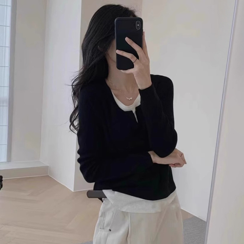 Women's Basic Top 2024 Spring Outfit Design-Focused Korean Style Irregular Hem Fake Two-Piece V-Neck Knit Shirt