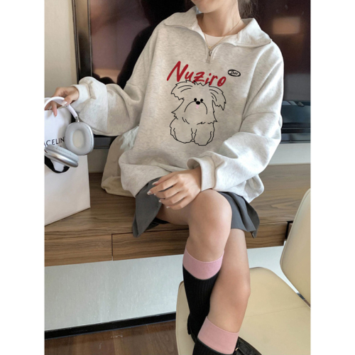 CVC cotton pasta wool Chinese cotton composite/milk silk 300g silver fox velvet 400g front printed lapel sweatshirt for women