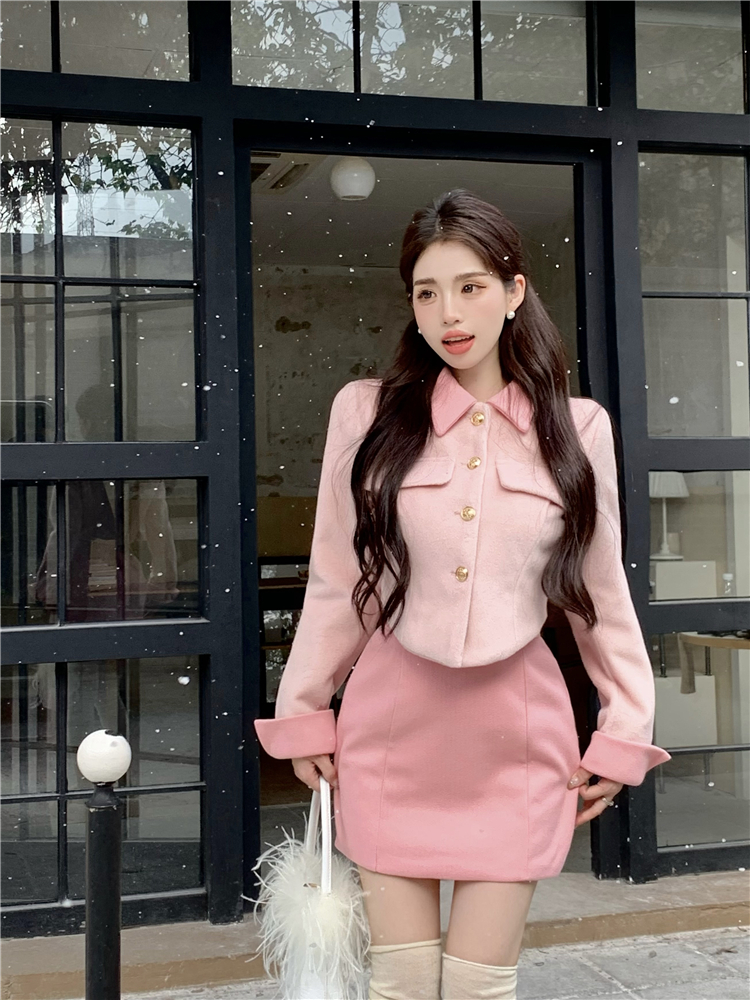 Real shot!  Contrast color lapel long-sleeved short coat autumn and winter small fragrant style hip skirt skirt two-piece set