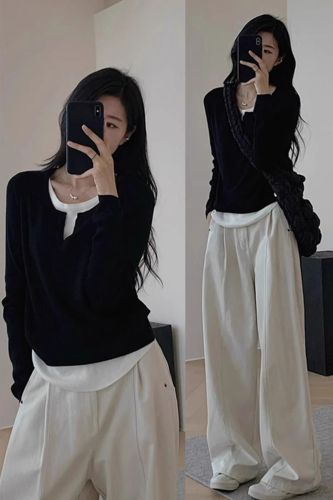 Women's Basic Top 2024 Spring Outfit Design-Focused Korean Style Irregular Hem Fake Two-Piece V-Neck Knit Shirt