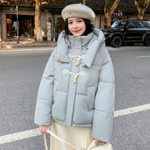 Real shot of horn button bread coat for women 2024 winter thickened down cotton coat, short loose version cotton jacket and cotton coat