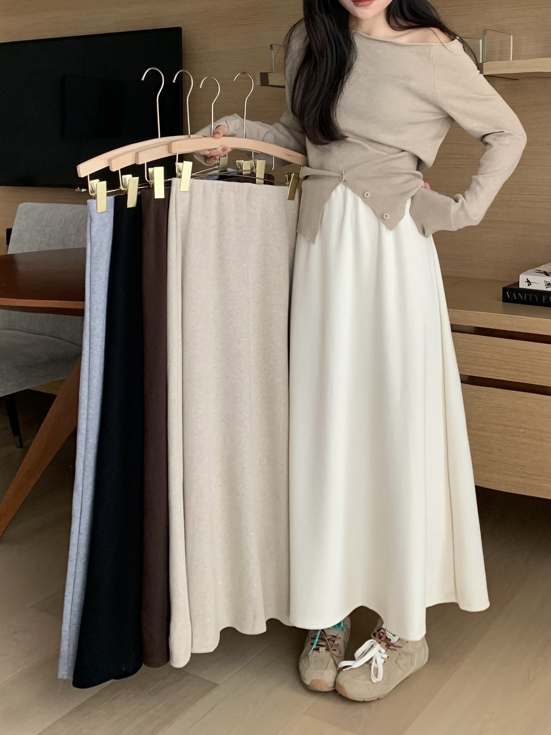 Shot ~ Thickened Wool A-line Semi-skirt High-waist Long Dress