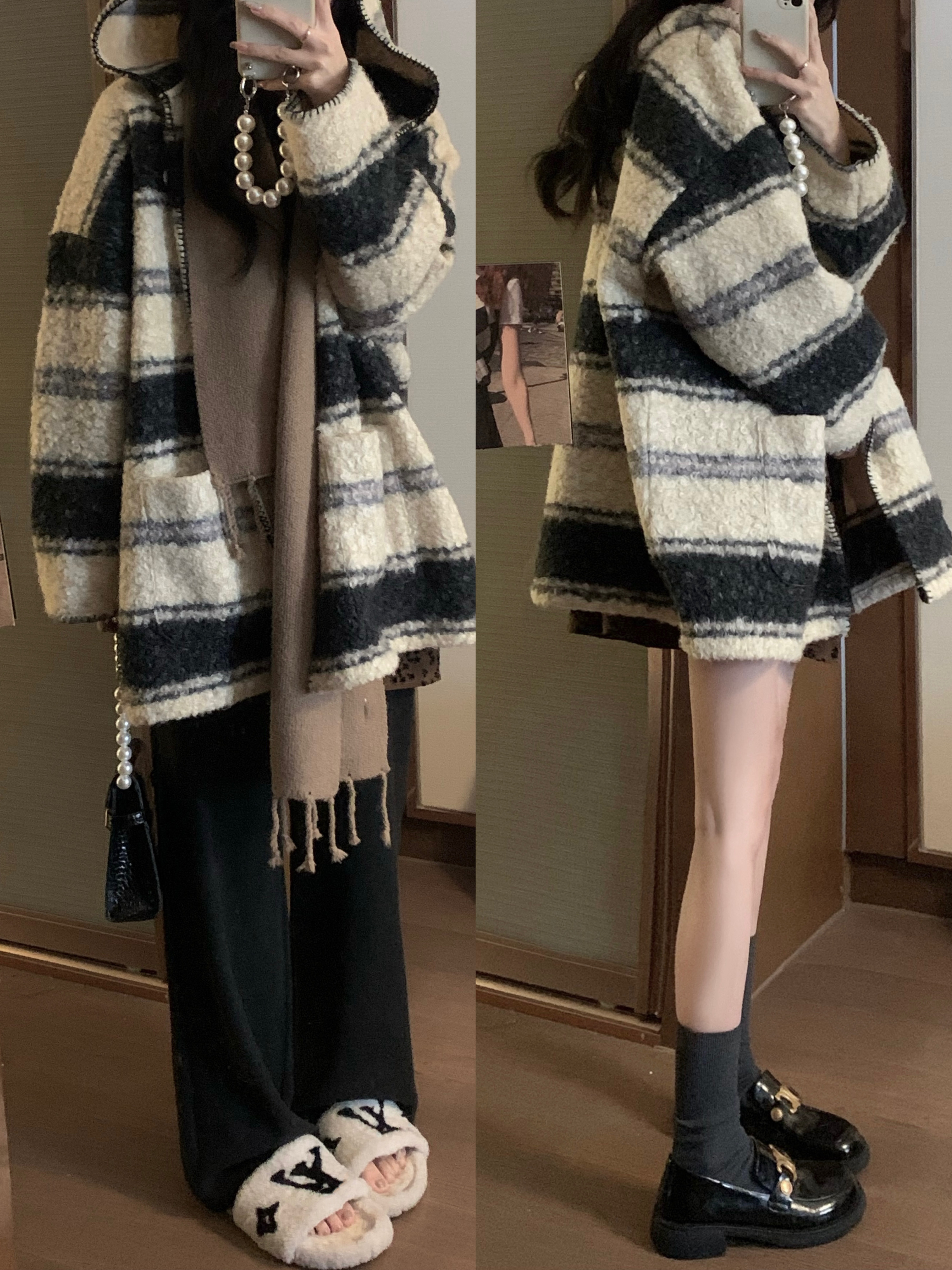 Actual shot~Striped woolen coat, design hooded coat