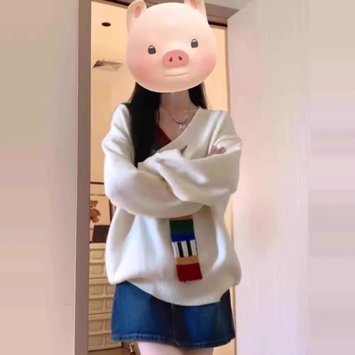 American retro rainbow splicing v-neck sweater jacket autumn loose lazy college style high-end women's sweater