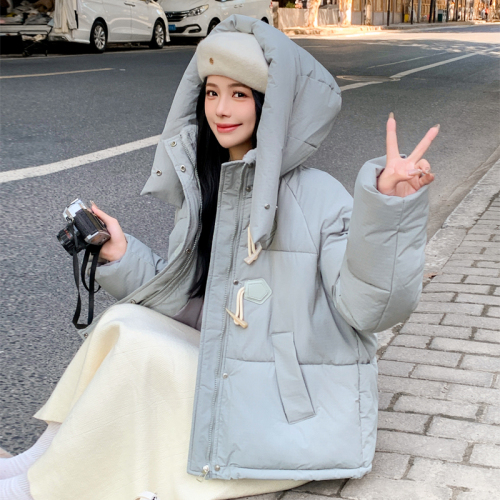 Real shot of horn button bread coat for women 2024 winter thickened down cotton coat, short loose version cotton jacket and cotton coat