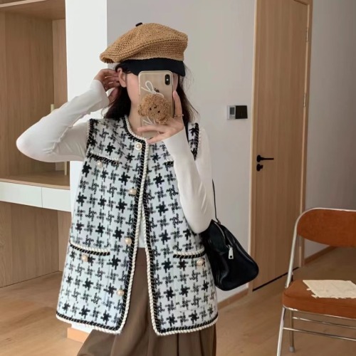 Houndstooth plaid foreign style imitation mink velvet women's autumn and winter clothing 2024 new high-end small fragrant vest