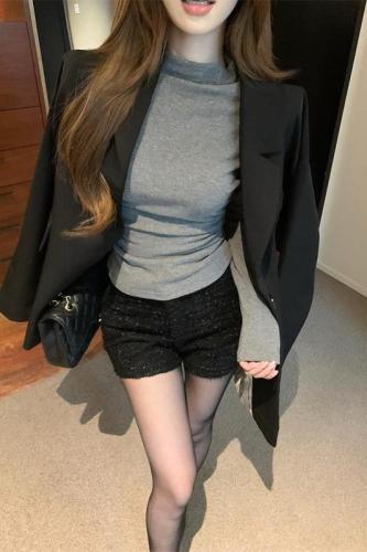 Actual shot ~ Gray long-sleeved half-turtle collar bottoming shirt for women early autumn new high-end slim sexy inner top