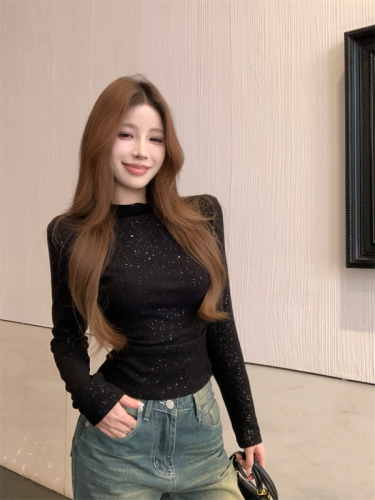 Actual shot ~ Gray long-sleeved half-turtle collar bottoming shirt for women early autumn new high-end slim sexy inner top