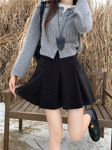 Actual shot of 2024 fashionable polka-dot woolen skirt for women autumn and winter new Korean style versatile pleated A-line skirt