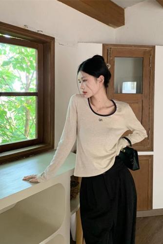 Actual shot~Korean style simple and versatile round neck autumn letter print contrast color long-sleeved T-shirt for women