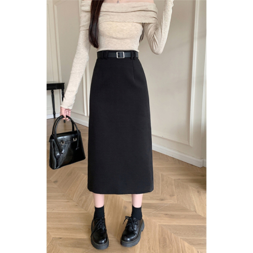 Thickened woolen black skirt for women in autumn and winter, new temperament, high-end, versatile straight high-waisted A-line hip skirt