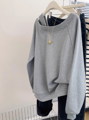 Gray off-shoulder off-shoulder pullover sweatshirt for women early autumn spring 2024 new American trendy brand high-end hooded top